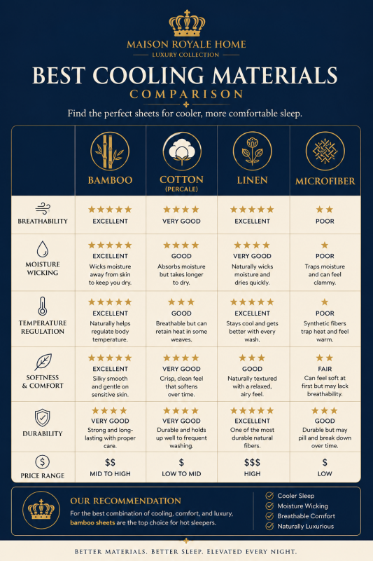 Infographic comparing bamboo cotton linen and microfiber cooling sheet materials for hot sleepers