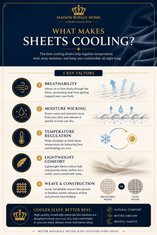 Educational graphic showing what makes sheets cooling including breathability moisture wicking and temperature regulation