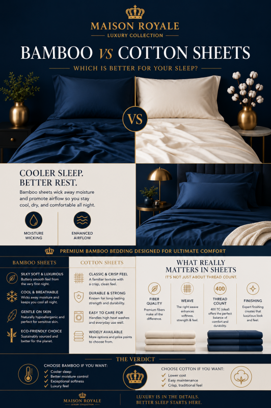 Bamboo vs cotton sheets comparison by Maison Royale showing benefits of bamboo bedding for cooler sleep, moisture wicking, softness, and luxury comfort.