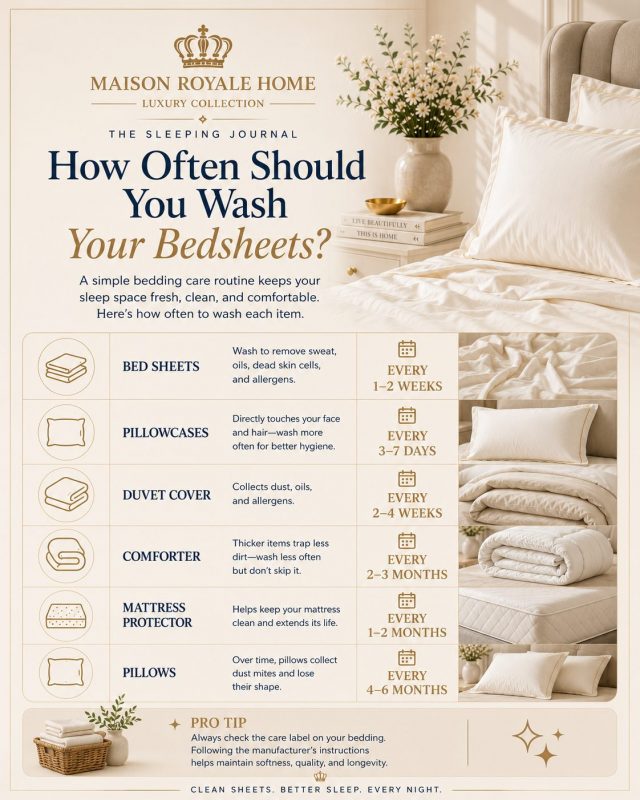 Luxury bedding care infographic showing how often to wash bed sheets, pillowcases, duvet covers, comforters, mattress protectors, and pillows.