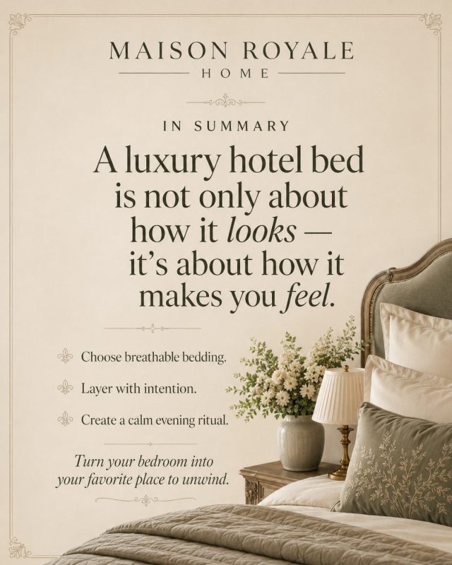 Summary graphic explaining that a luxury hotel bed is about comfort, breathable bedding, intentional layering, and a calming evening ritual.