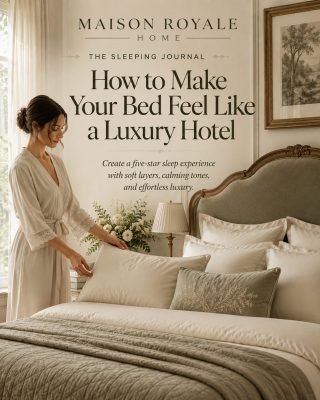 Woman arranging soft neutral bedding in an elegant bedroom designed to feel like a luxury hotel.