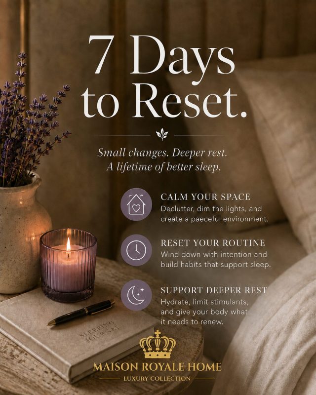 Seven days to reset sleep habits with tips to calm your space, improve your bedtime routine, and support deeper rest.